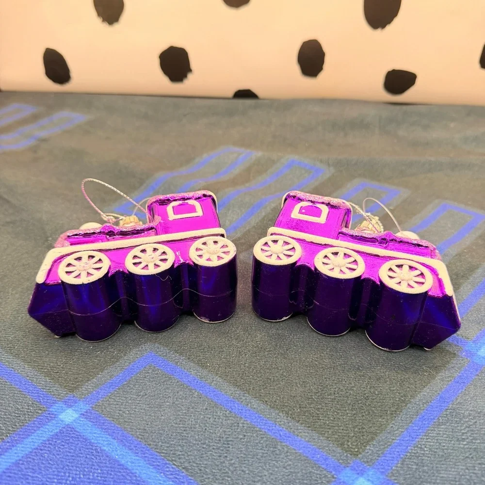 Purple Foil Christmas Train Ornaments Set of 2 Shiny Locomotive Decor 3.5